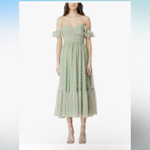 Bardot Fauna Cold Shoulder Ruched Bodice Floral Midi Flare Dress Green Pink XL